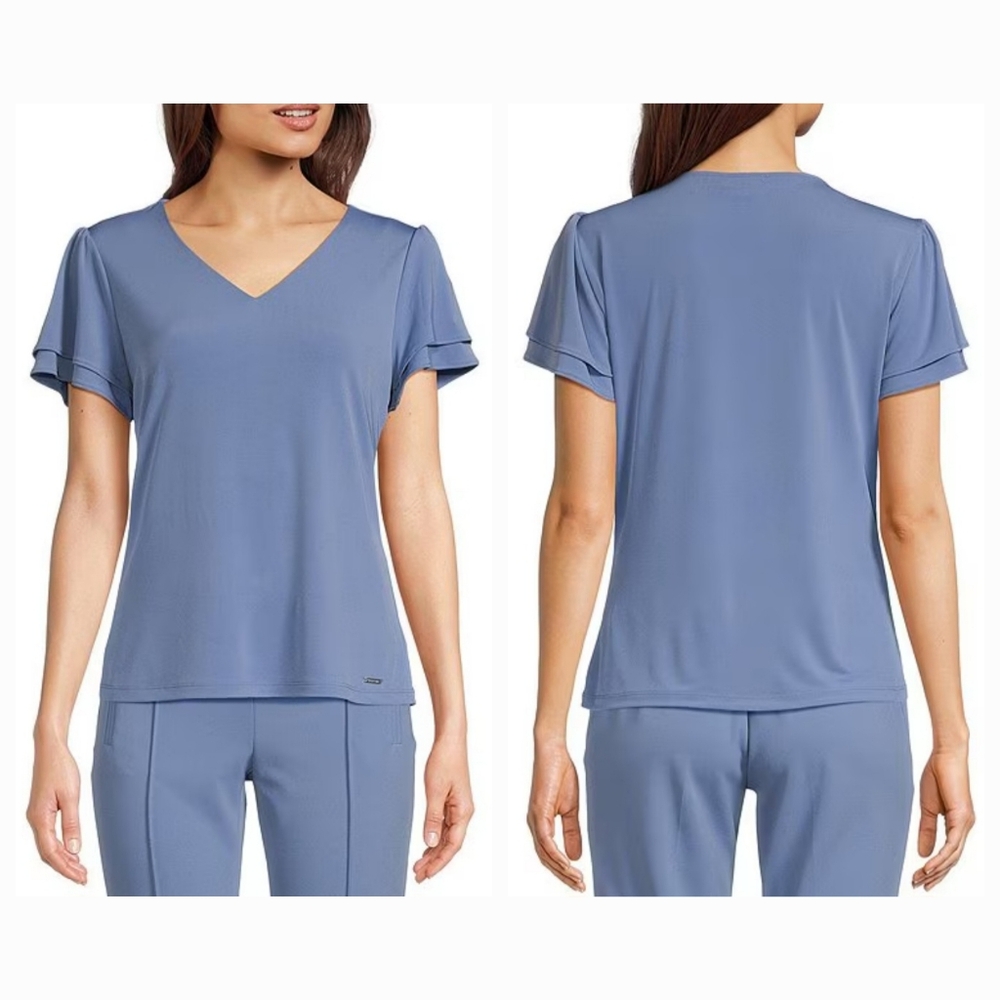 Calvin Klein Double Tier Sleeve V-Neck Top Blue Women’s Small NWT